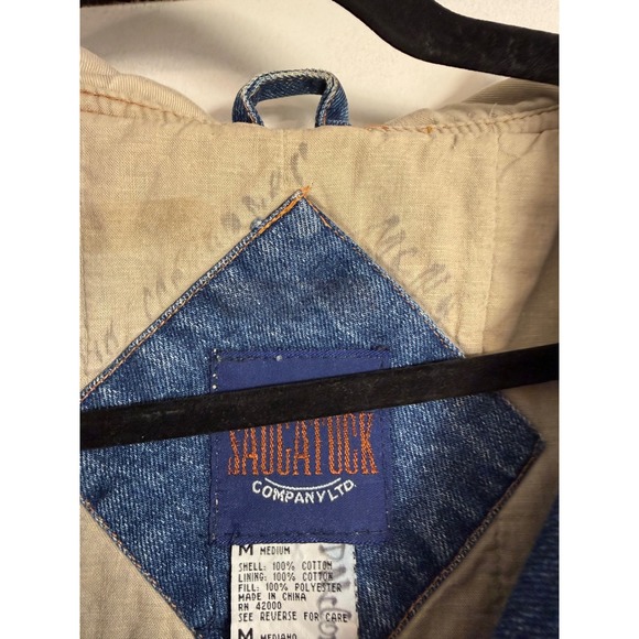 Vtg 90s Saugatuck Co Blue Denim Tan Canvas Hood Varsity Bomber Jacket Mens Med - Picture 3 of 10